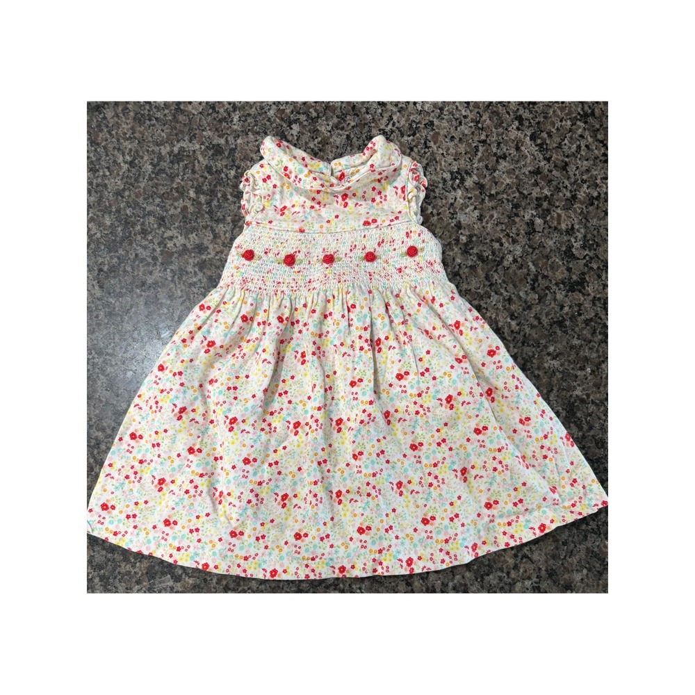 Laura Ashley Baby Girls Floral‎ Corduroy Smocked Dress Rose Applique White 12M